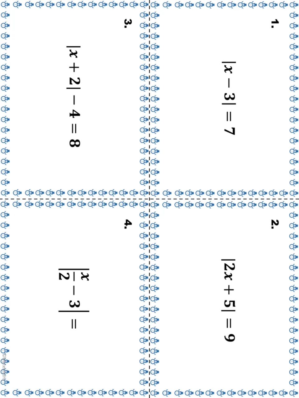 Snowman task cards 1-4: students solve |x - 3| = 7, |2x + 5| = 9, |x + 2| - 4 = 8 and |x/2 - 3| = 7 for x