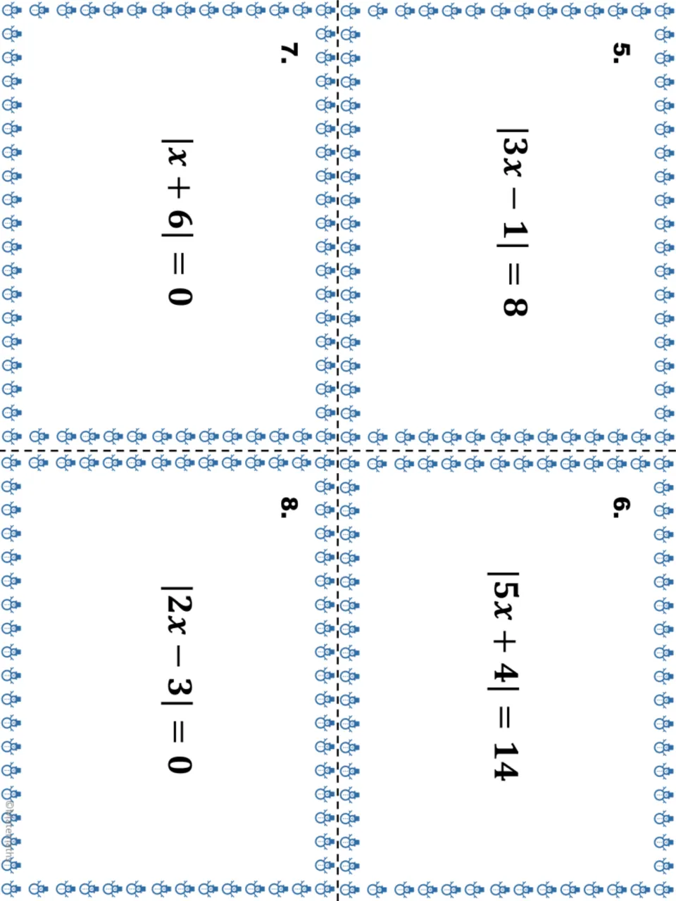 Task cards 5-8 to solve: |3x - 1| = 8, |5x + 4| = 14, plus zero cases |x + 6| = 0 and |2x - 3| = 0