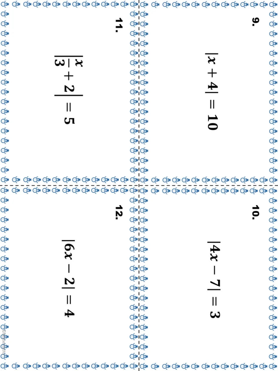 Task cards 9-12: students solve absolute value equations |x + 4| = 10, |4x - 7| = 3, |x/3 + 2| = 5 and |6x - 2| = 4