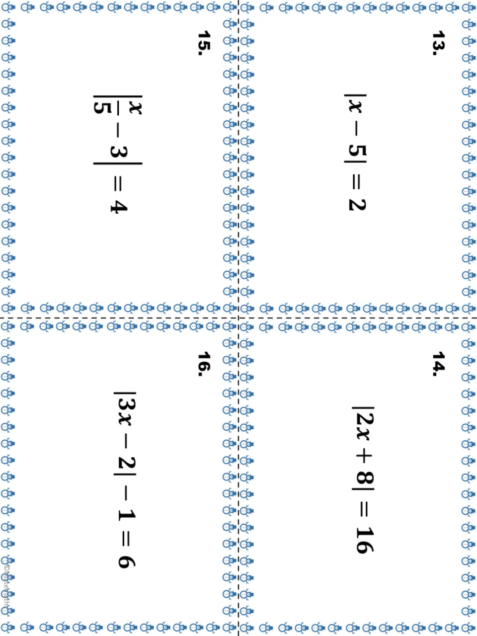 Task cards 13-16: absolute value equations |x - 5| = 2, |2x + 8| = 16, |x/5 - 3| = 4 and |3x - 2| - 1 = 6 to solve