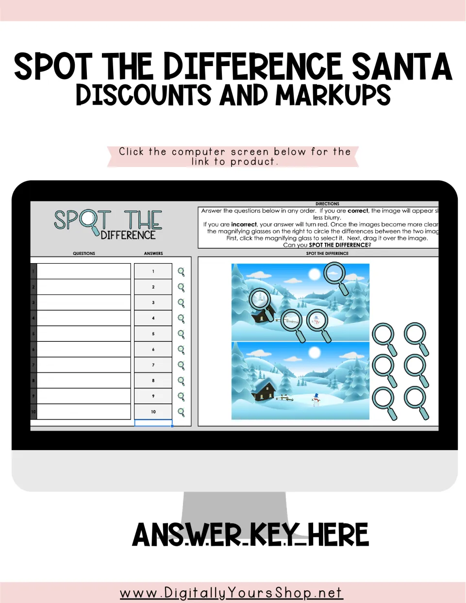 Activity access page for discounts and markups, showing a 10-question winter puzzle and an answer-key link.