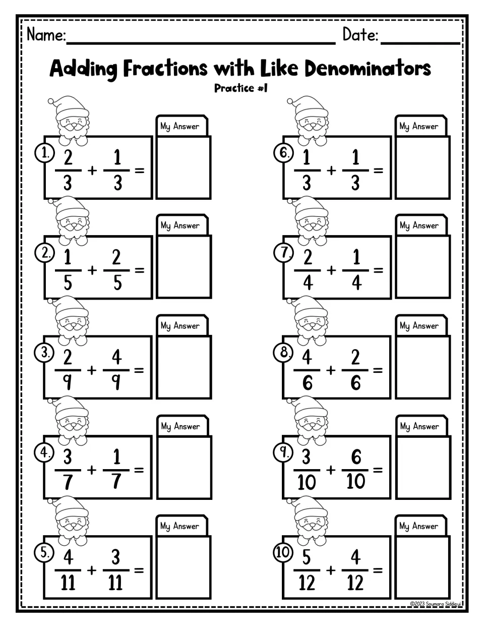 Like-denominator fraction addition, Practice #1: students solve 10 sums such as 2/3 + 1/3 and 5/12 + 4/12, Santa clip art
