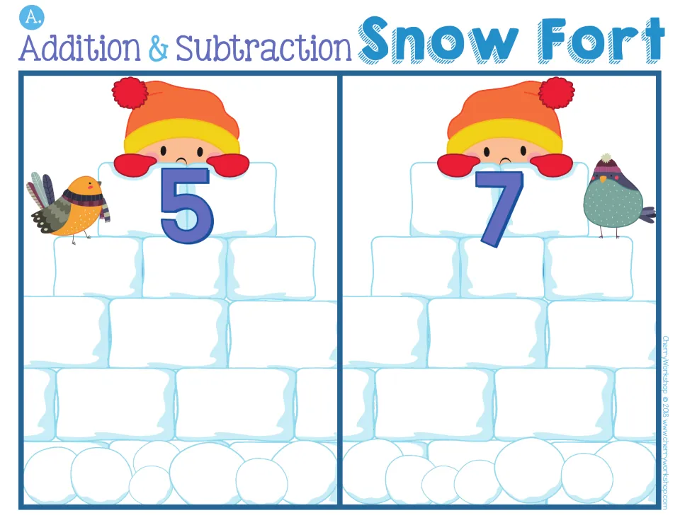 Snow fort sorting mat A: two forts labeled 5 and 7 for sorting addition and subtraction snow blocks