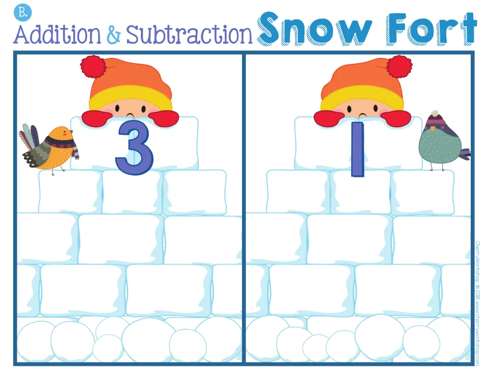 Snow fort sorting mat B: two forts labeled 3 and 1 for sorting addition and subtraction snow blocks