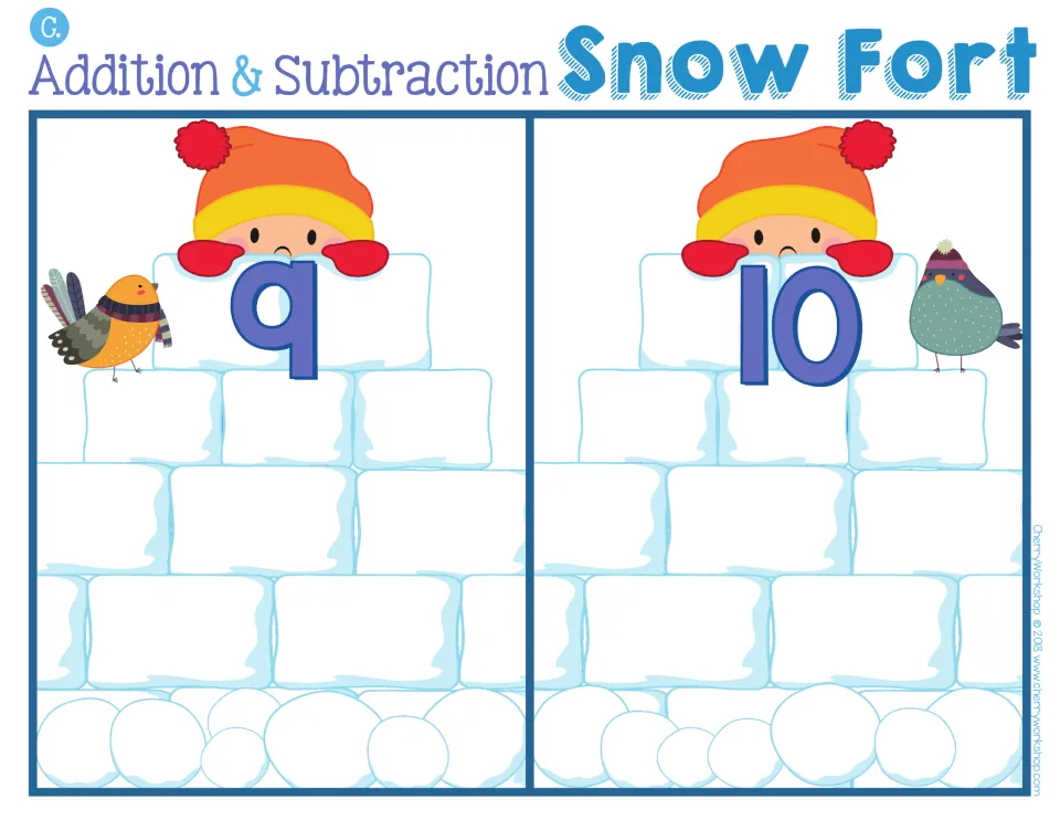 Snow fort sorting mat C: two forts labeled 9 and 10 for sorting addition and subtraction snow blocks
