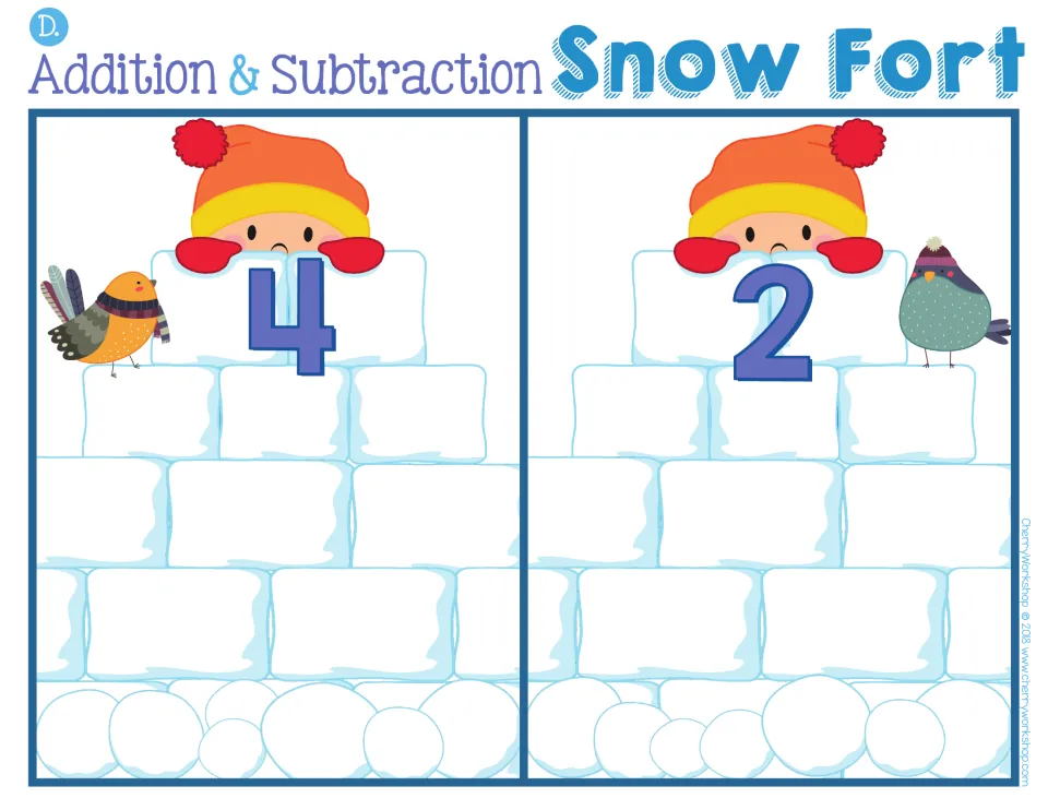 Snow fort sorting mat D: two forts labeled 4 and 2 for sorting addition and subtraction snow blocks