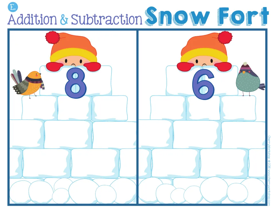 Snow fort sorting mat E: two forts labeled 8 and 6 for sorting addition and subtraction snow blocks