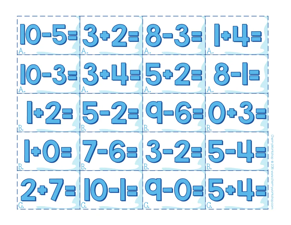 Snow block fact cards for mats A–C: 10-5, 3+2, 8-3, 1+4 and 16 more, each lettered to match its mat