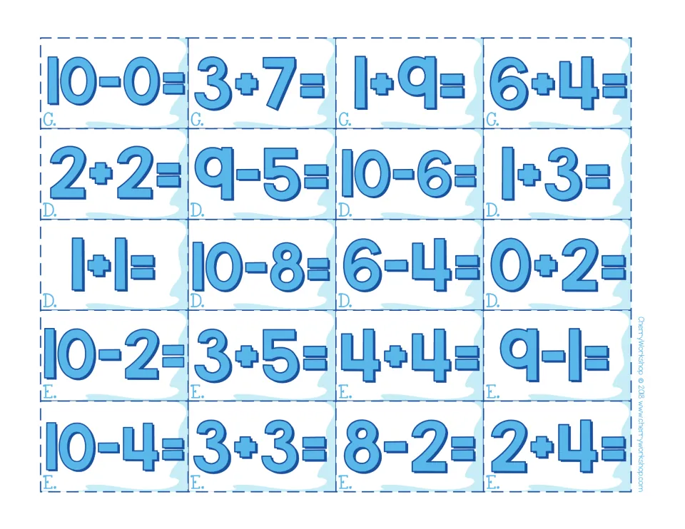 Snow block fact cards for mats C–E: 10-0, 3+7, 2+2, 9-5 and 16 more, each lettered to match its mat