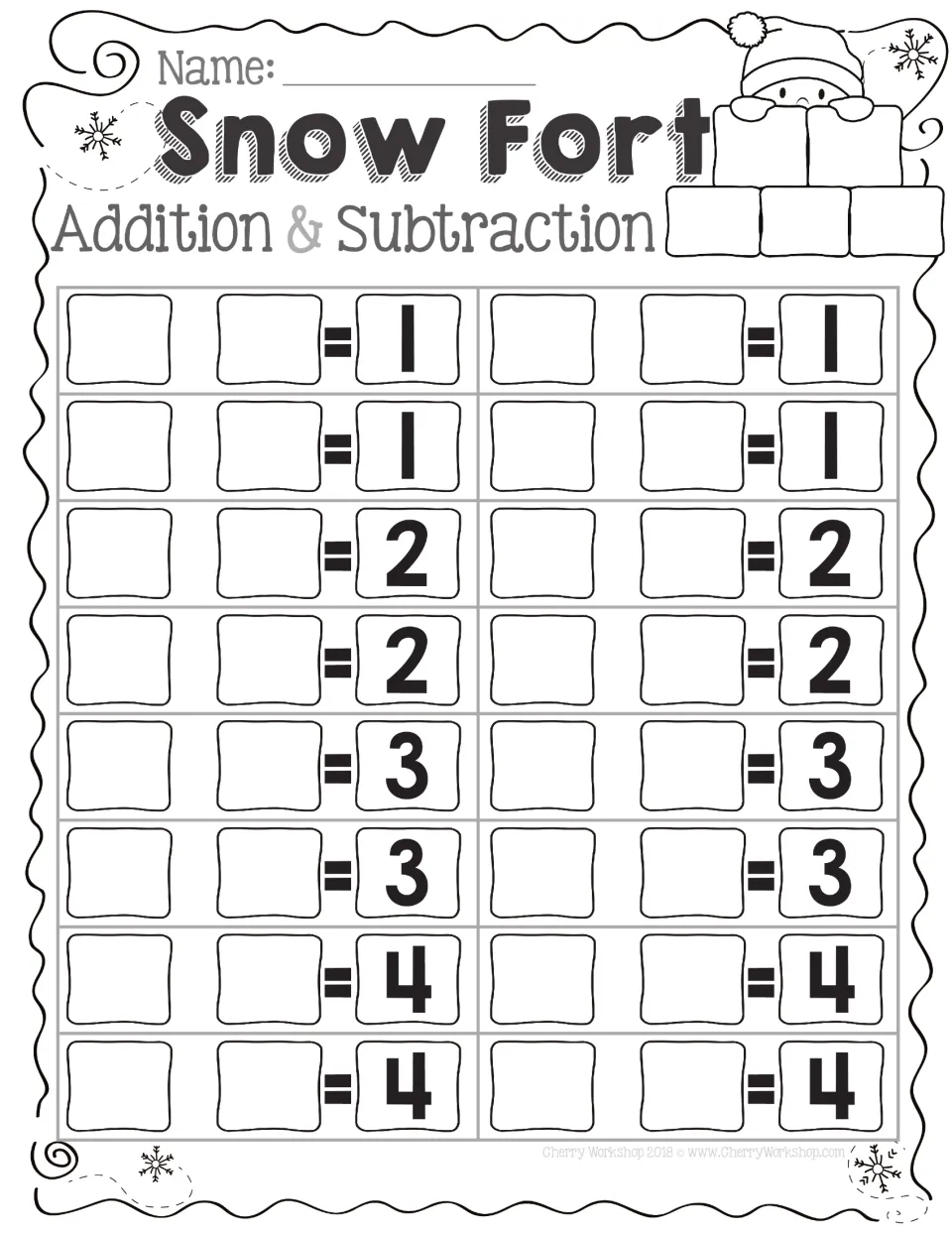 Snow Fort recording sheet with Name line: students write facts that equal 1, 2, 3 and 4, four of each