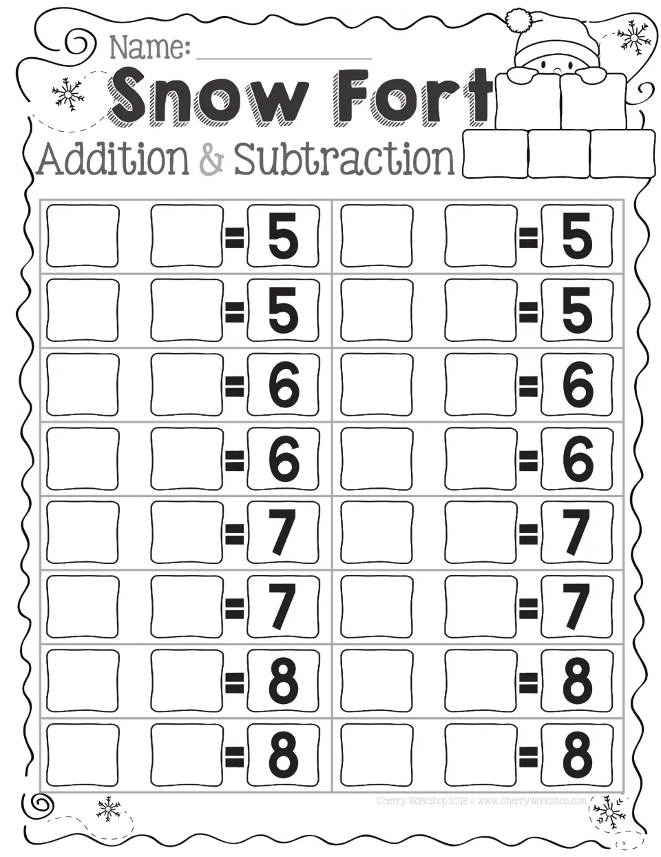 Snow Fort recording sheet for facts that equal 5, 6, 7 and 8, with four blanks to fill for each answer