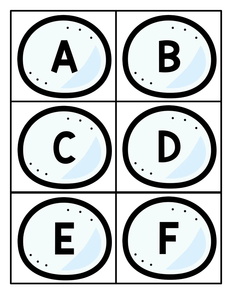 Uppercase letters A to F on six pale blue snowball cards for cutting apart and practising capital letter recognition