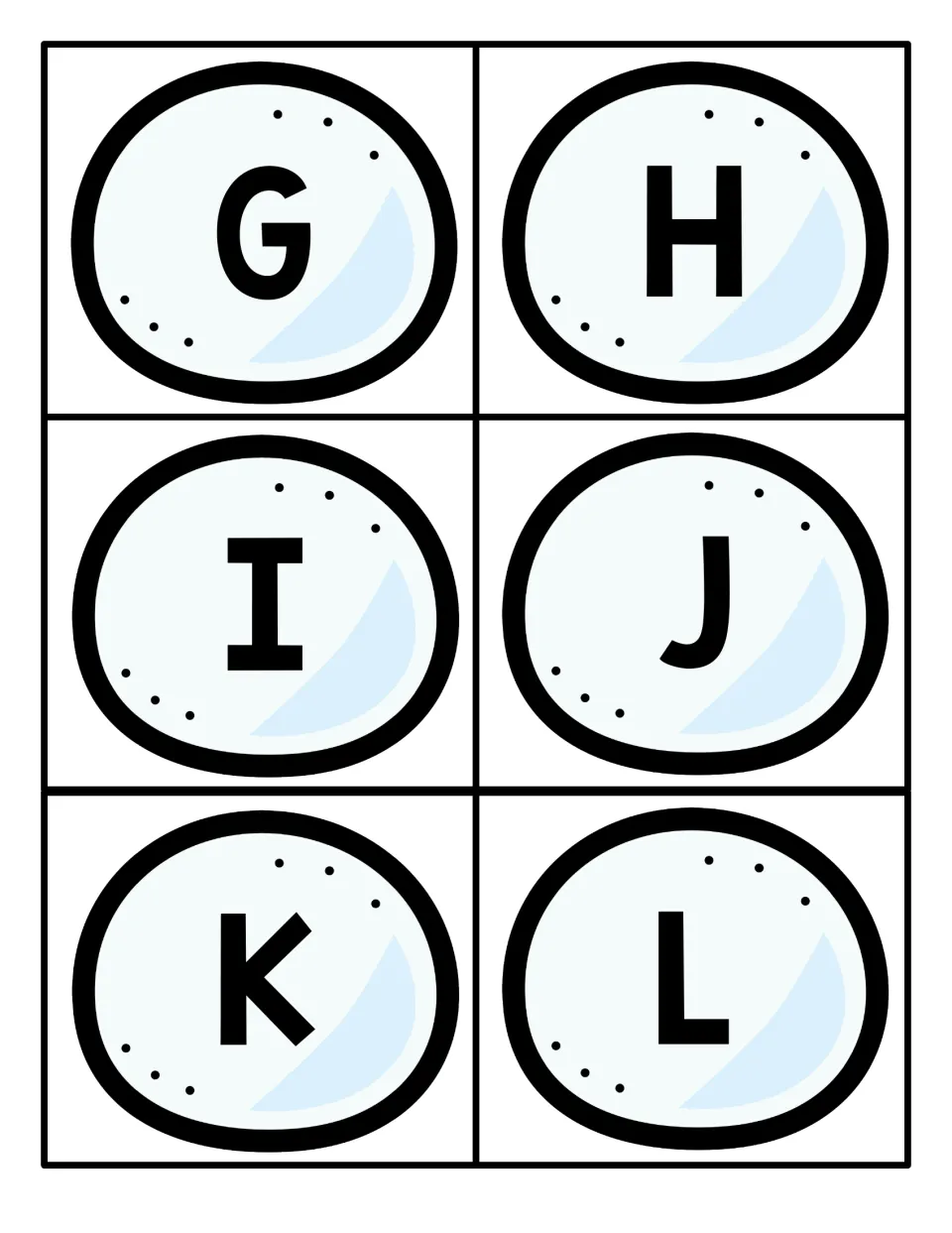 Capital letters G, H, I, J, K and L, each printed large on a snowball card to cut out for naming and ordering letters