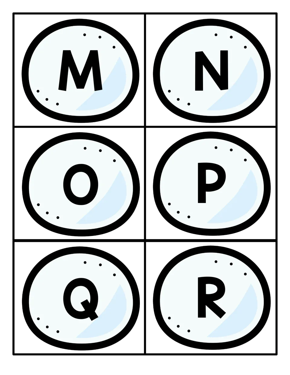 Uppercase M, N, O, P, Q and R snowball cards for children to cut apart and use for identifying and sequencing letters