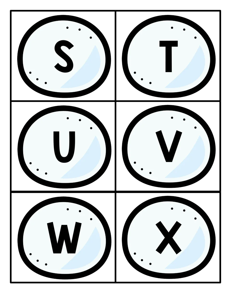 Capital S, T, U, V, W and X on six snowball cards to cut out, adding late-alphabet letters for recognition practice