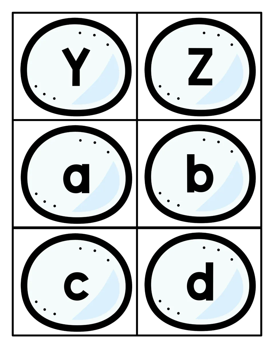 Final capitals Y and Z plus lowercase a, b, c and d on snowball cards, starting the lowercase set for letter matching
