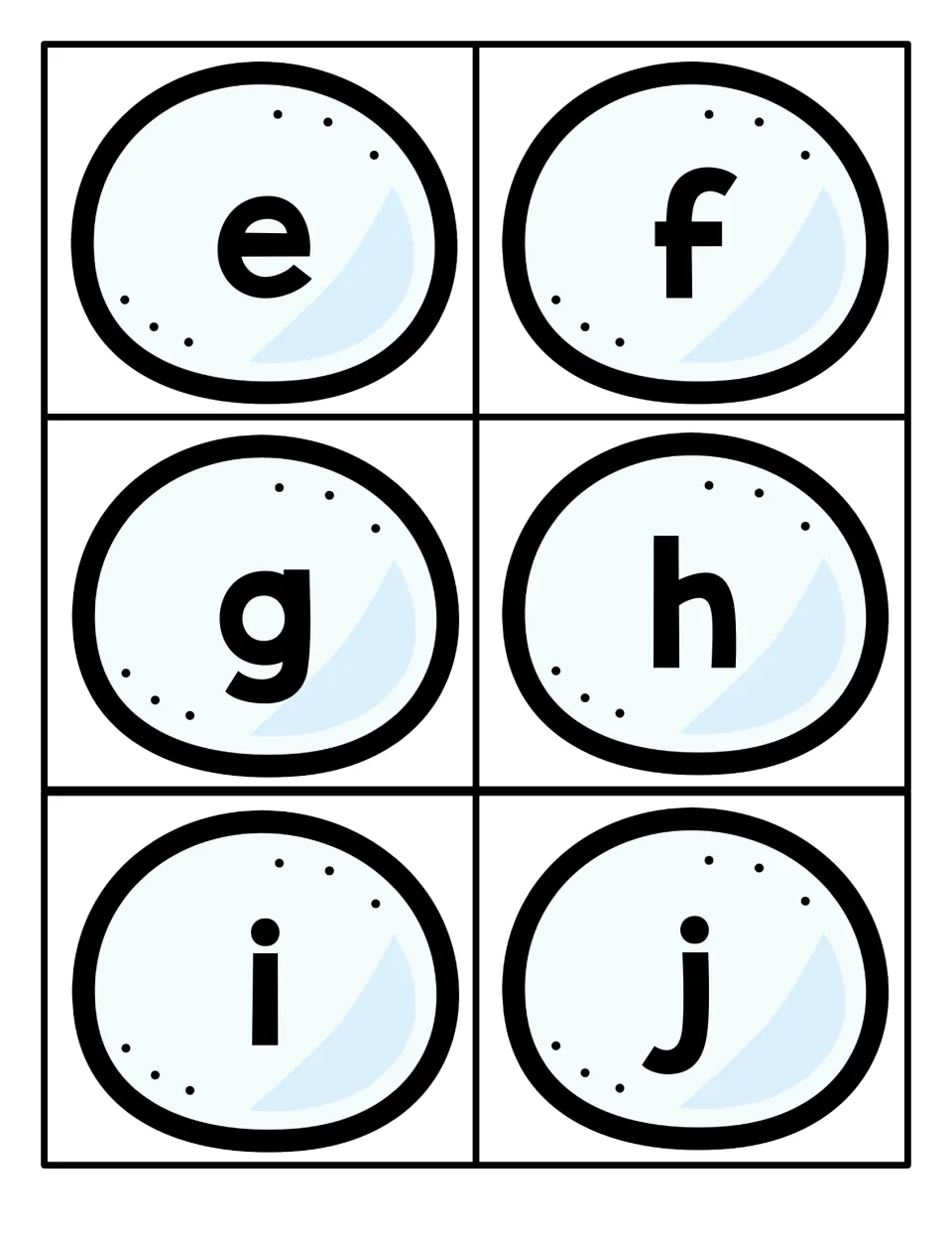 Lowercase e, f, g, h, i and j on six snowball cards to cut apart and pair with their capitals in a matching game