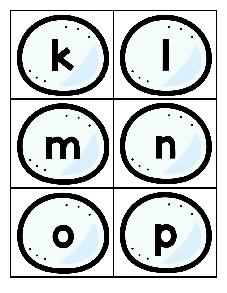 Lowercase k, l, m, n, o and p snowball cards for students to cut out and name, sort or match to uppercase letters