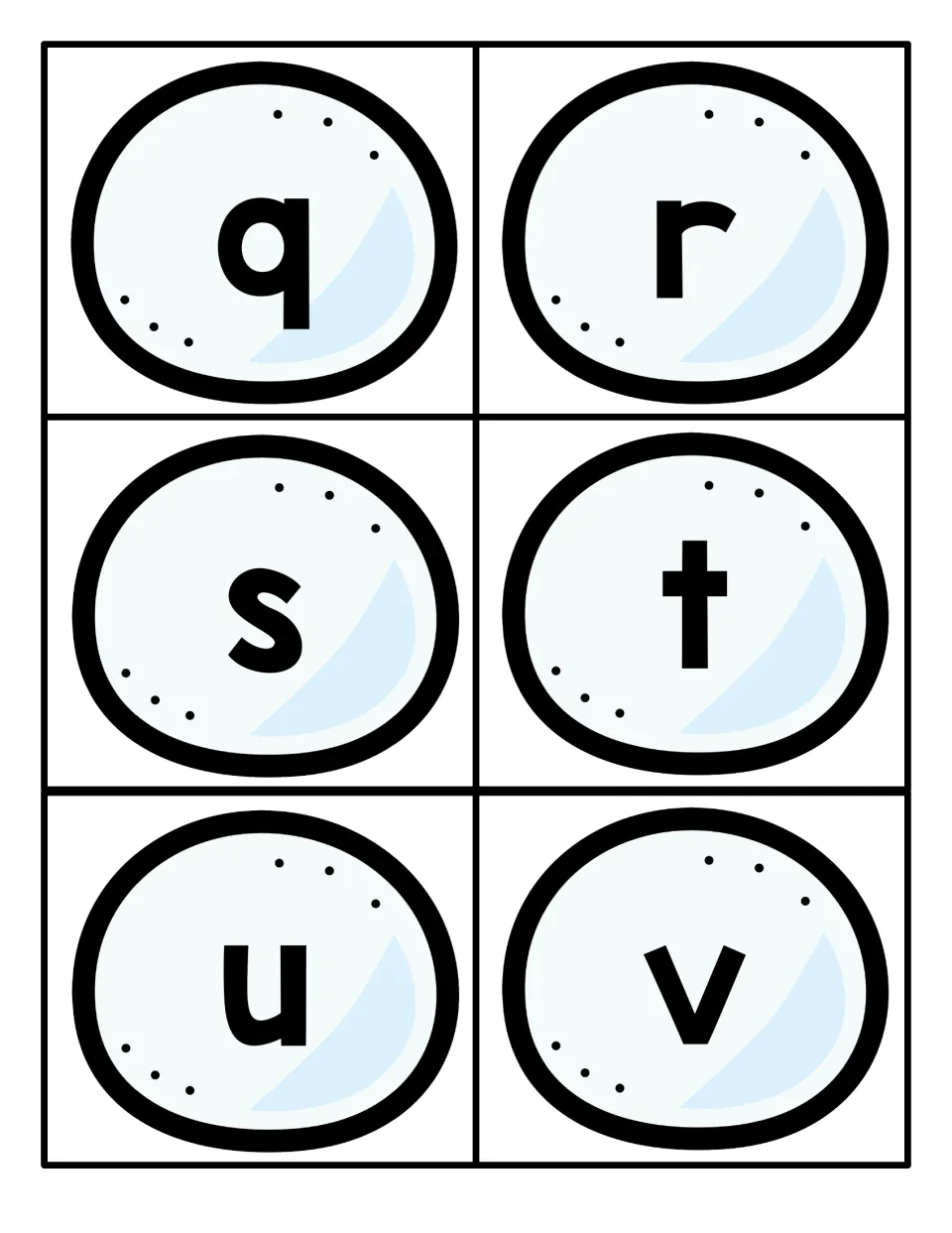 Lowercase q, r, s, t, u and v printed on snowball cards to cut apart for recognising and ordering small letters