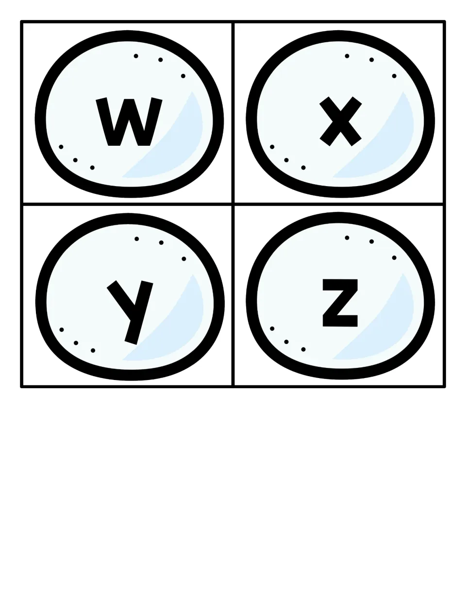 Last lowercase letters w, x, y and z on four snowball cards, completing the lowercase alphabet for letter matching
