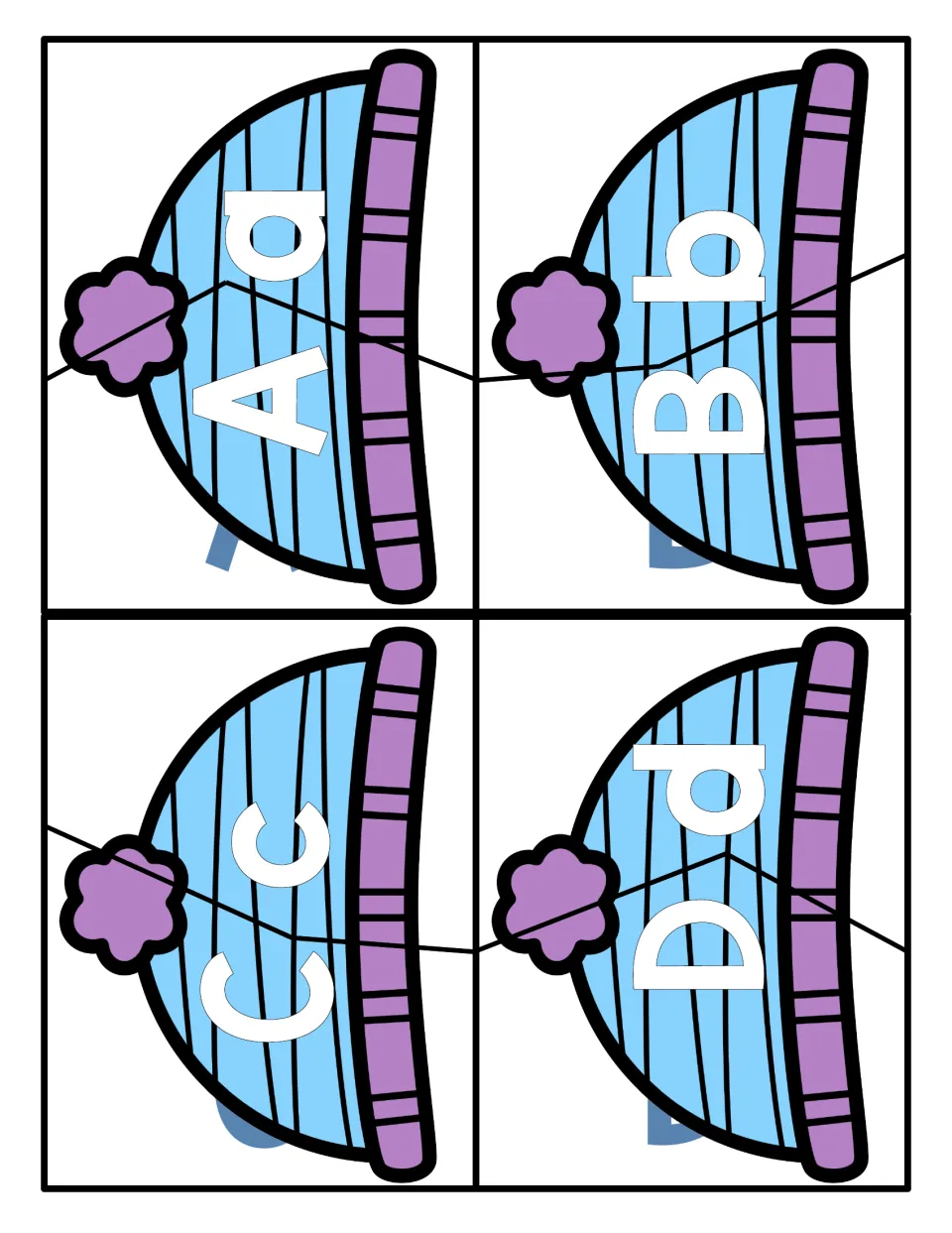 Letter matching A to D: four winter hat puzzles, each cut into two pieces pairing an uppercase and lowercase letter