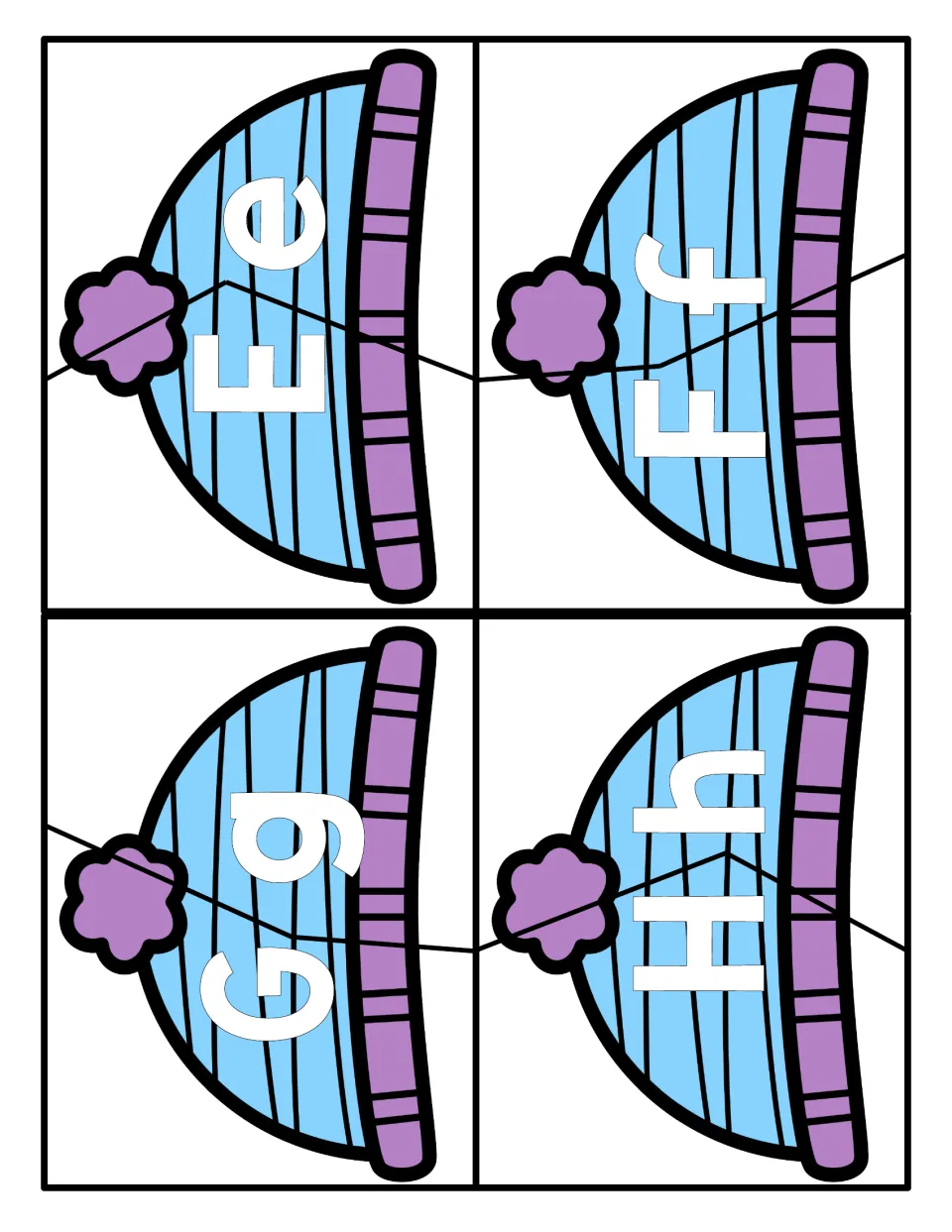 Letters E to H: students rejoin two-piece winter hat puzzles so each capital letter meets its matching lowercase letter