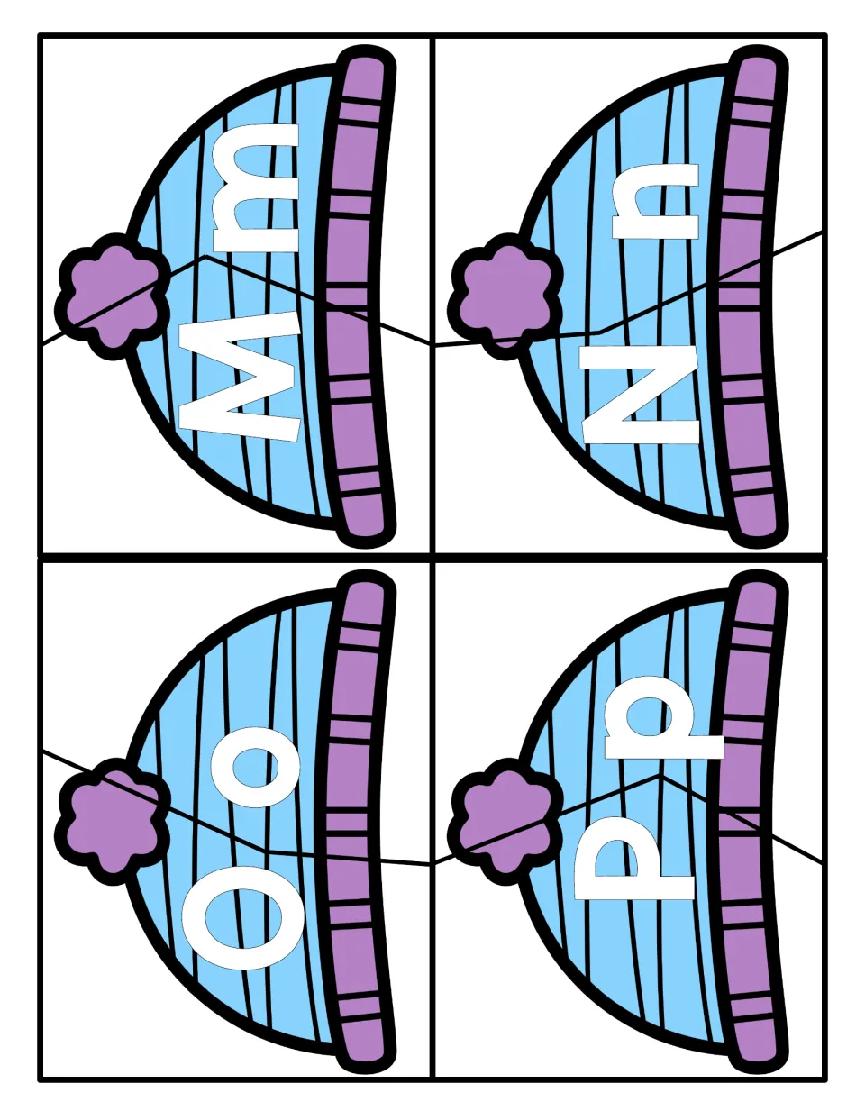 Letters M to P: students match capital M, N, O and P to lowercase m, n, o and p by joining two-piece winter hat puzzles