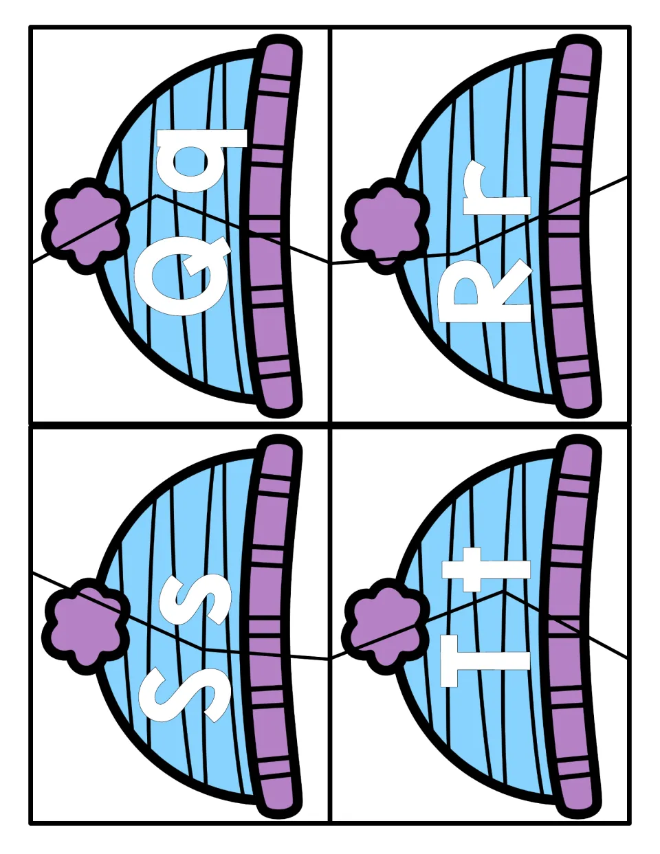 Letters Q to T: two-piece knit hat puzzles for pairing uppercase Q, R, S, T with their lowercase forms