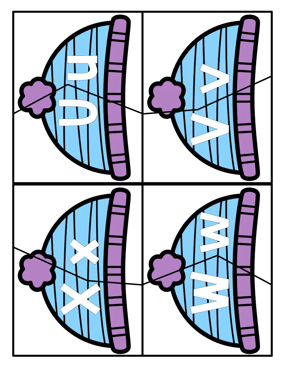 Letters U, V, W and X: students cut each winter hat along its zigzag cut, then match the capital and lowercase halves