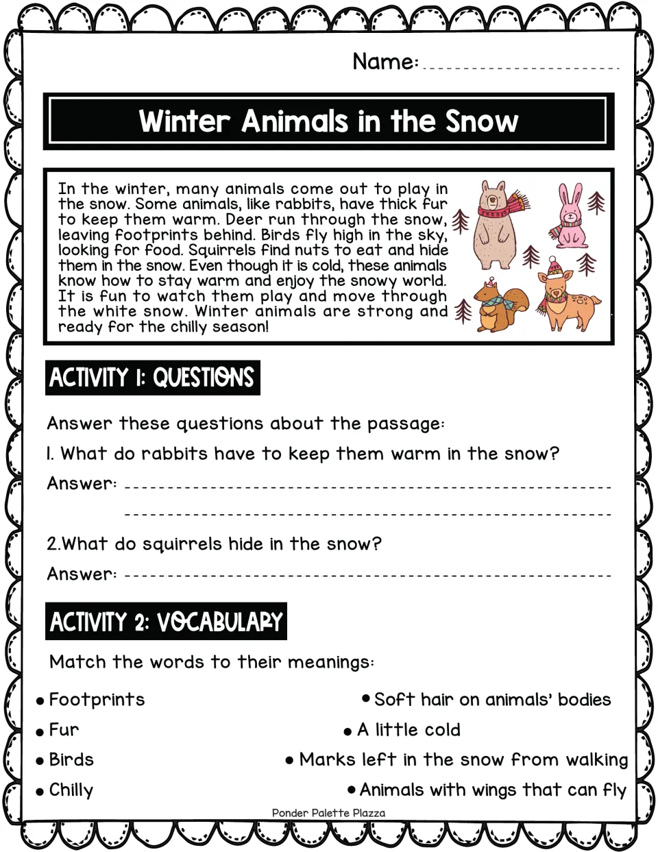 Winter animals passage on rabbits, deer, birds and squirrels: students answer 2 questions and match 4 vocabulary words
