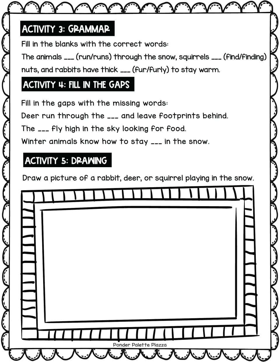 Winter animals follow-up: students choose verb forms, fill in missing passage words and draw a rabbit, deer or squirrel