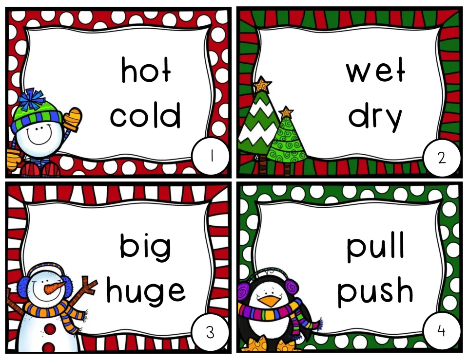 Antonym and synonym task cards 1-4: students judge the word pairs hot/cold, wet/dry, big/huge and pull/push