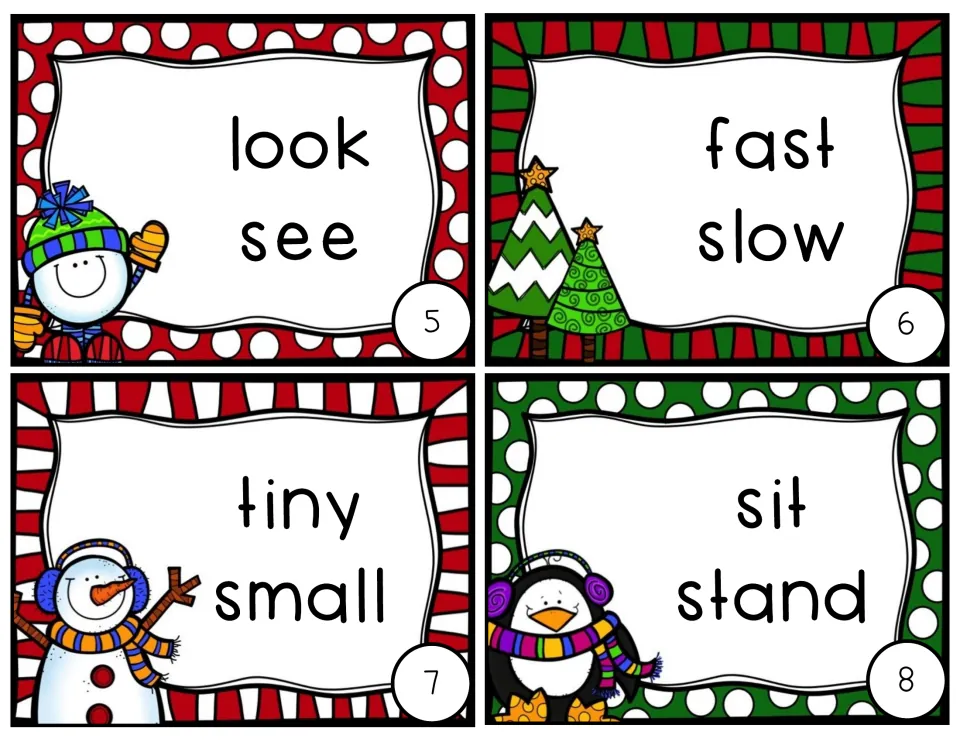 Task cards 5-8: students decide if look/see, fast/slow, tiny/small and sit/stand are antonyms or synonyms