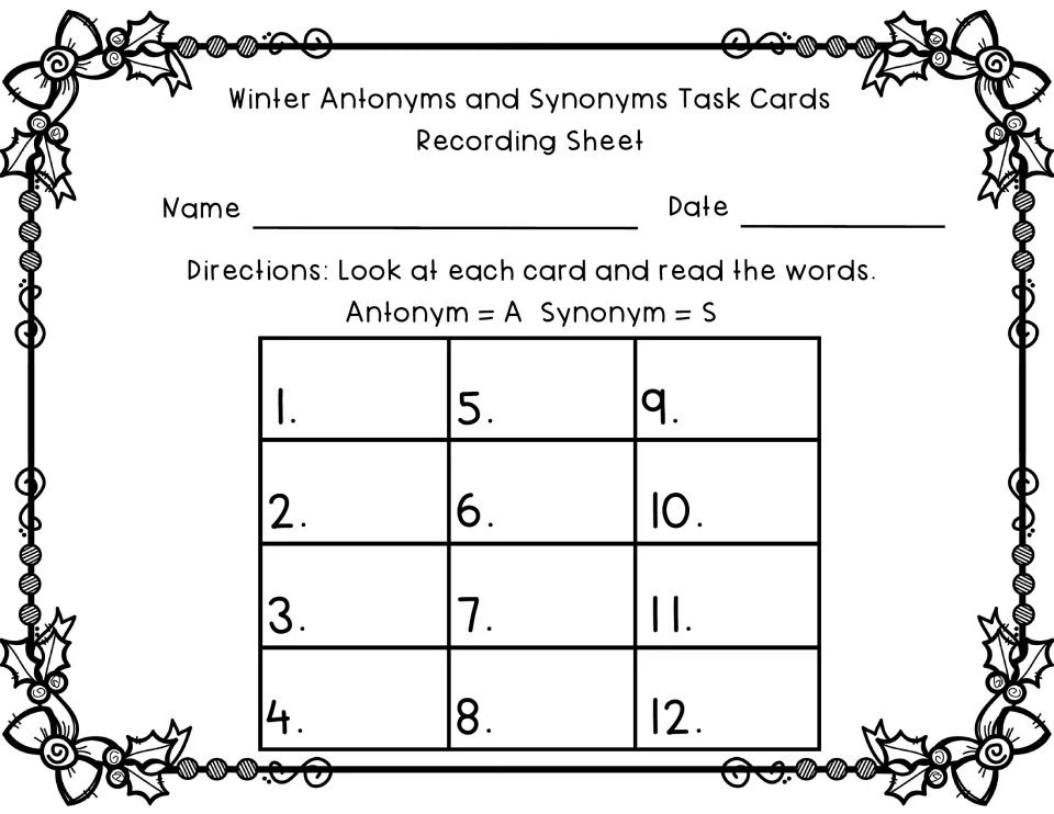 Recording sheet: students read each of 12 cards and write A for antonym or S for synonym next to the card number