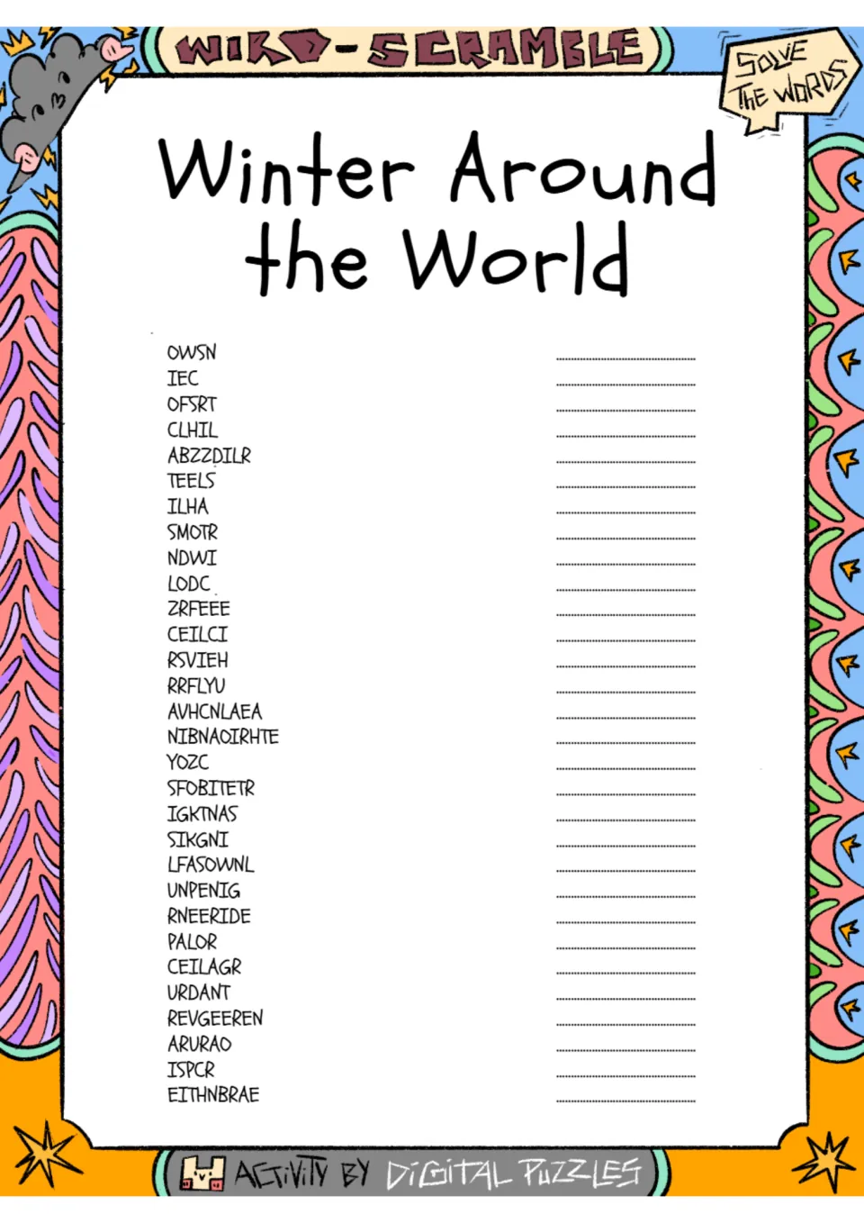 Winter vocabulary word scramble: 30 items including OWSN, IEC, OFSRT, CLHIL, and ABZZDILR to unscramble.