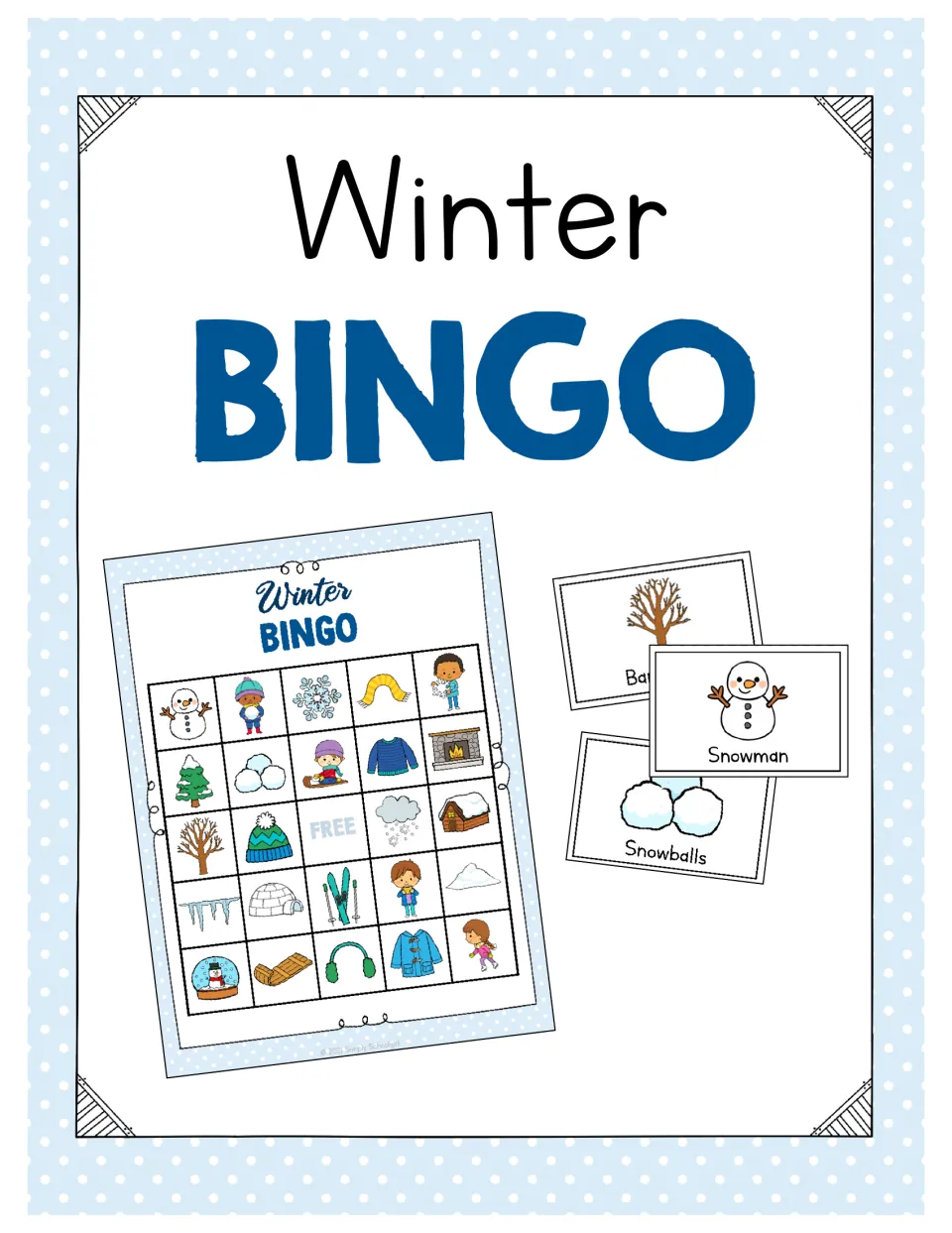Winter bingo cover showing a sample picture board with a FREE center and calling cards for Bare Tree, Snowman, Snowballs