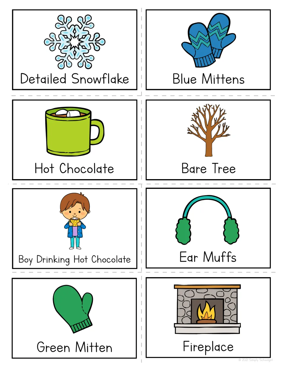 Winter calling cards to cut apart: Detailed Snowflake, Blue Mittens, Hot Chocolate, Bare Tree, Ear Muffs, Fireplace