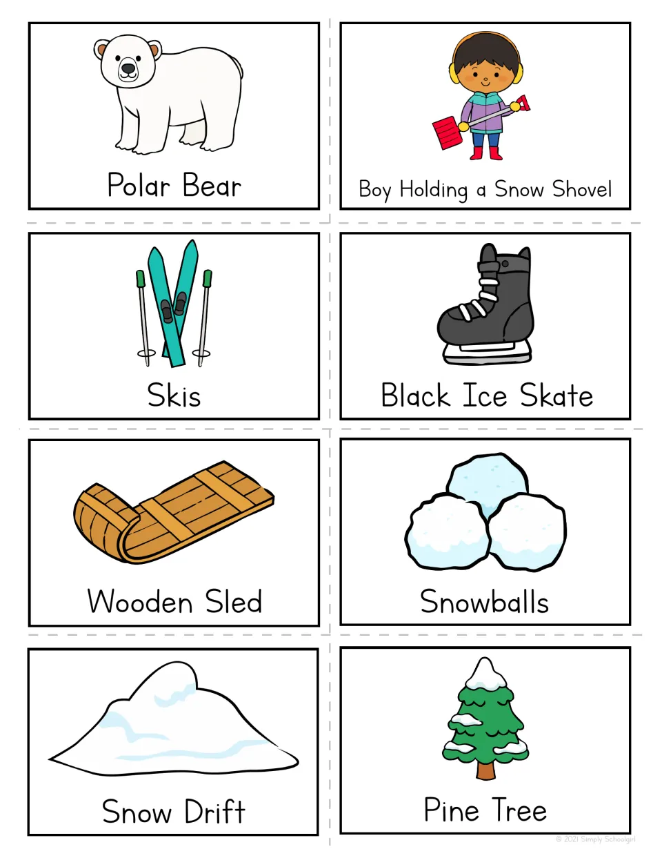 Winter calling cards: Polar Bear, Boy Holding a Snow Shovel, Skis, Black Ice Skate, Wooden Sled, Snowballs and Pine Tree