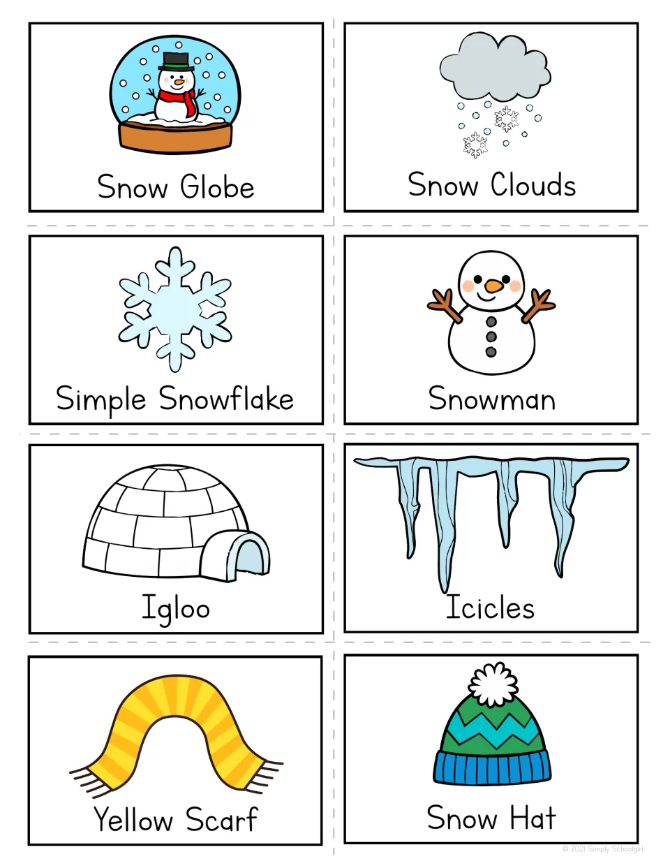 Winter calling cards: Snow Globe, Snow Clouds, Simple Snowflake, Snowman, Igloo, Icicles, Yellow Scarf and Snow Hat