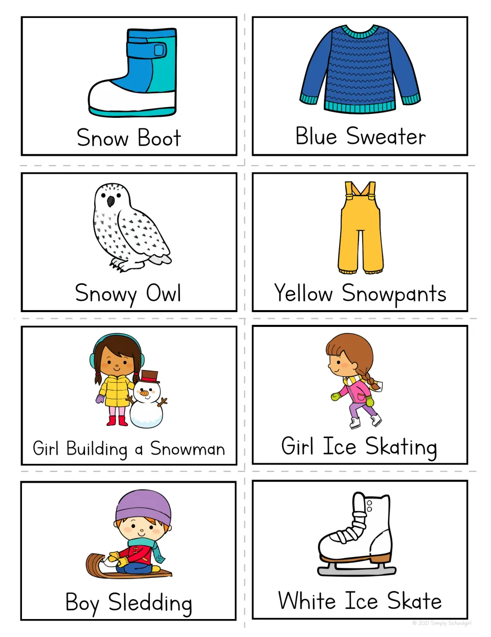 Winter calling cards: Snow Boot, Blue Sweater, Snowy Owl, Yellow Snowpants, Girl Ice Skating, Boy Sledding and more