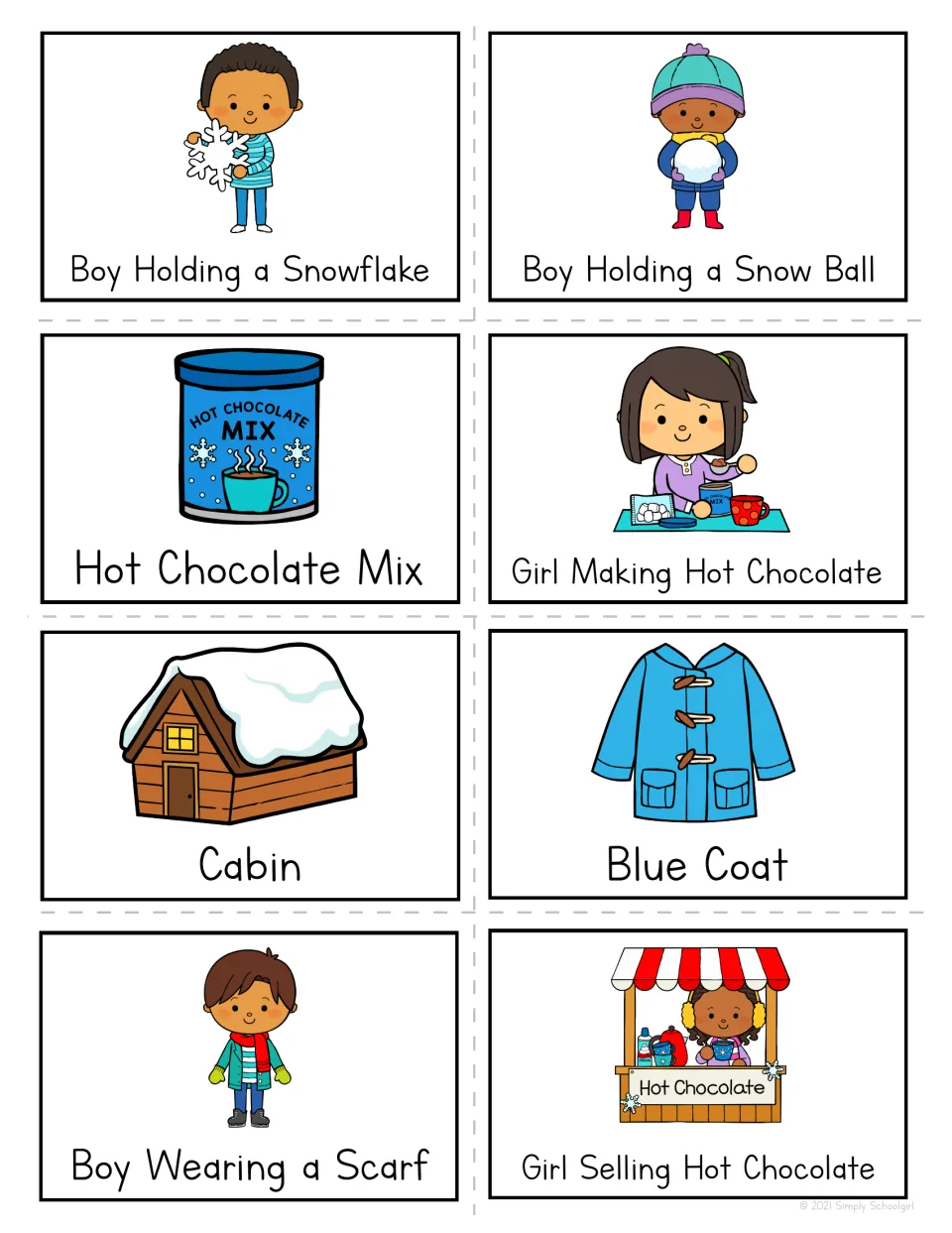 Winter calling cards: Boy Holding a Snowflake, Hot Chocolate Mix, Cabin, Blue Coat, Girl Selling Hot Chocolate and more