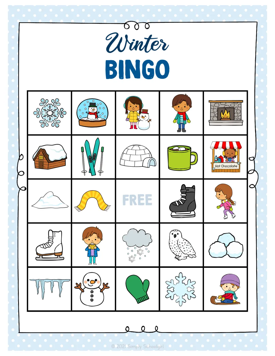 Winter bingo board 1: students mark winter pictures such as a snow globe, igloo, owl and sledding boy around a FREE space