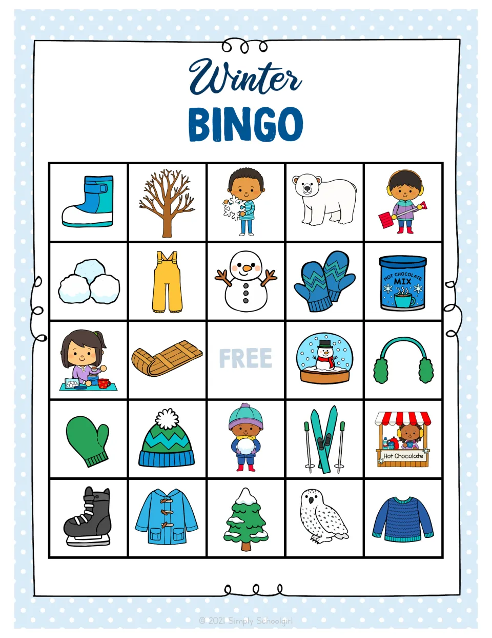 Winter bingo board 2: students match called cards to pictures like a polar bear, yellow snowpants and cocoa mix around FREE