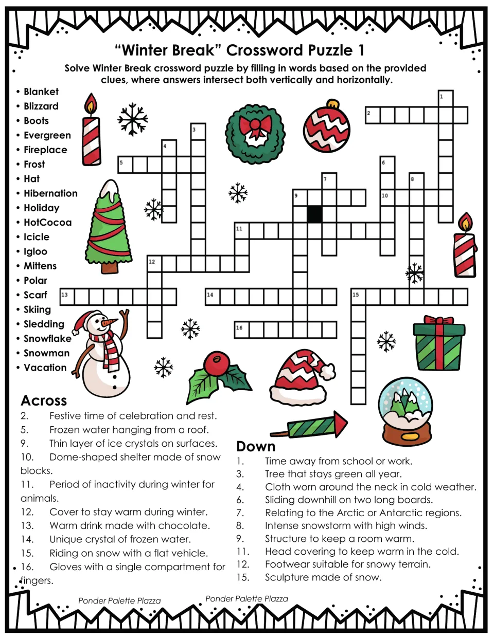 Winter Break Crossword Puzzle 1: students use a 20-word bank and clues to fill in blizzard, igloo, mittens and more