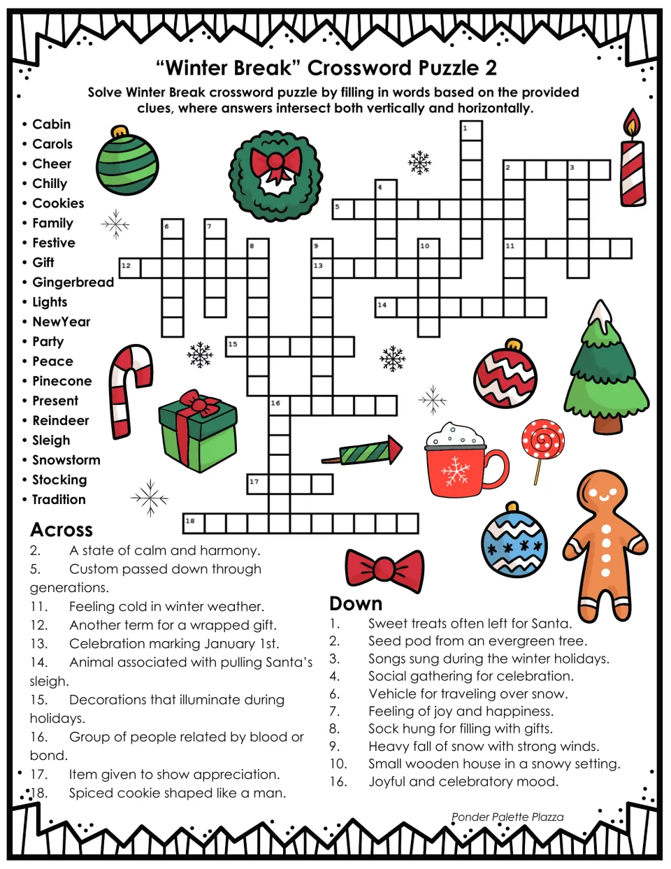 Crossword Puzzle 2: students solve clues using words like reindeer, gingerbread, carols and tradition from a word bank