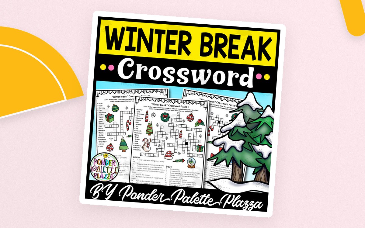 Black, yellow, and white Winter Break Crossword cover with two puzzle previews, winter trees, a hat, and mittens.