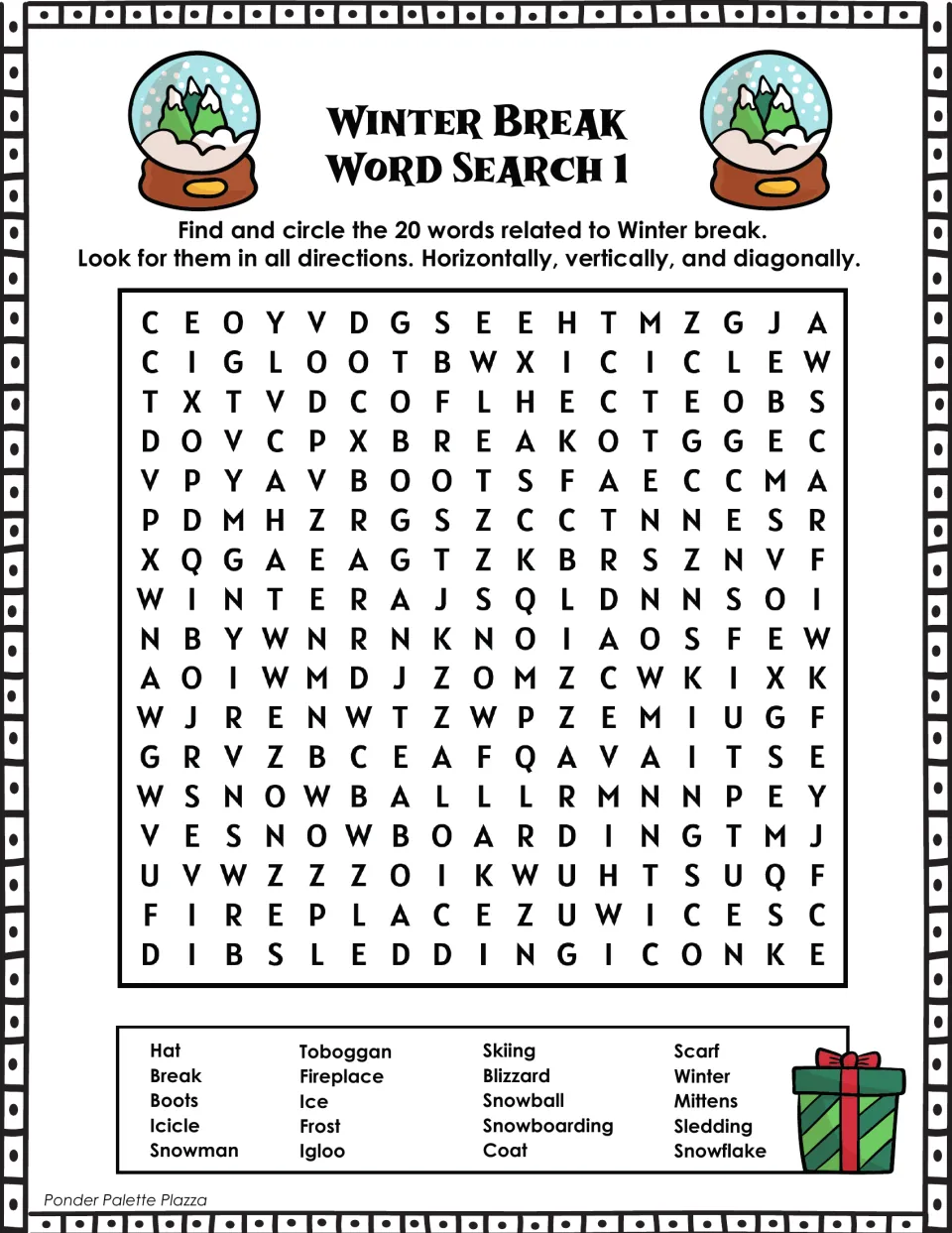 Winter Break Word Search 1: students find and circle 20 snow words like igloo, toboggan, blizzard and snowboarding