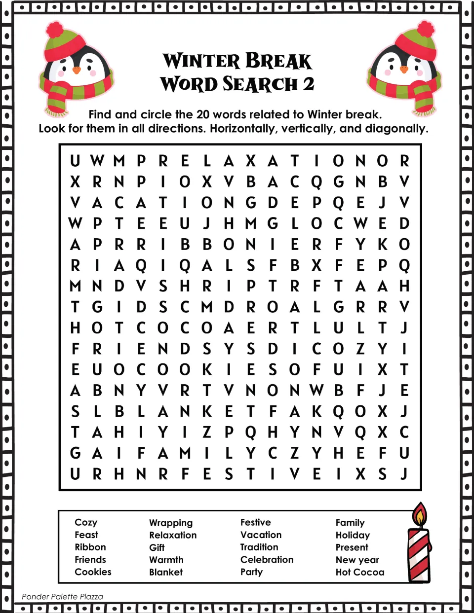 Winter Break Word Search 2: students circle 20 holiday words such as relaxation, tradition, hot cocoa and celebration