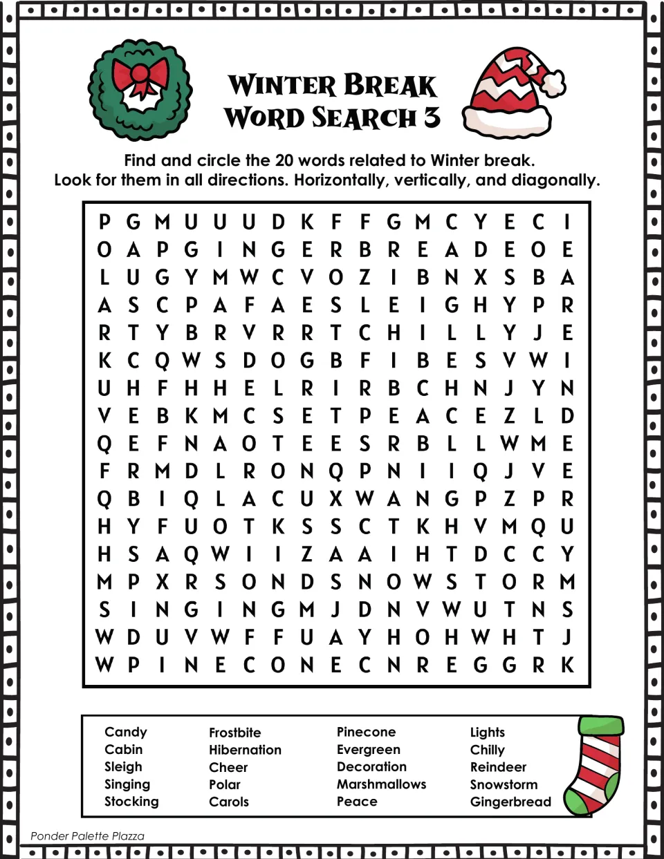 Winter Break Word Search 3: students hunt for 20 words like gingerbread, reindeer, hibernation and marshmallows