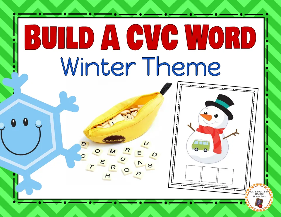 Build a CVC Word Winter Theme cover: a sample snowman card with a van picture beside Bananagrams letter tiles